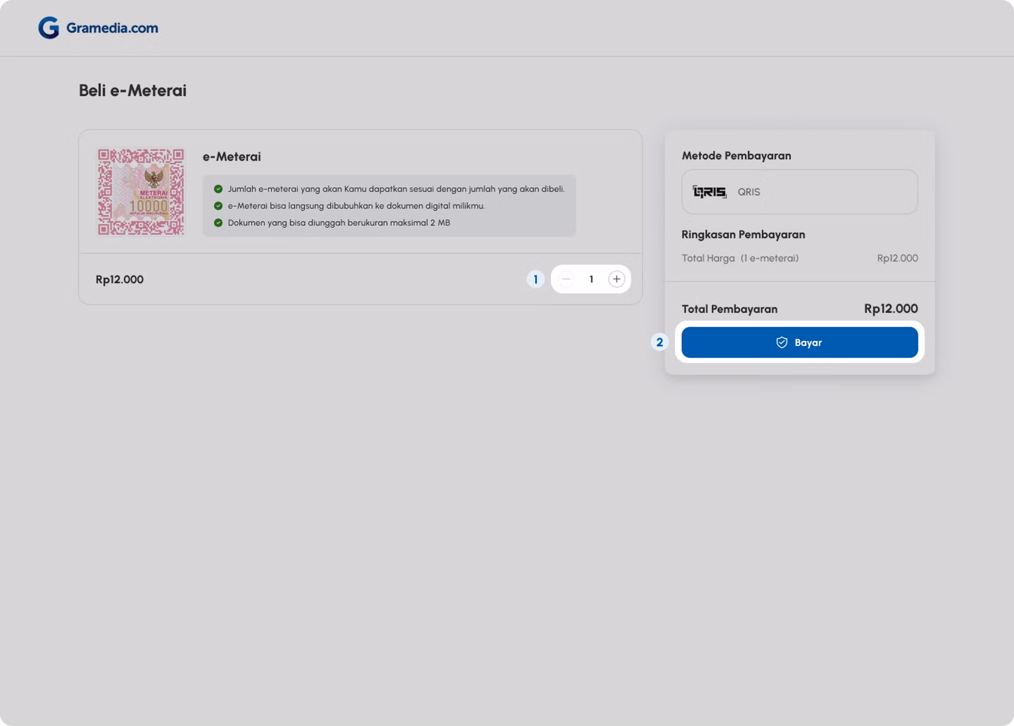 Tentukan jumlah e-meterai yang ingin kamu beli, lalu klik tombol “Bayar”.