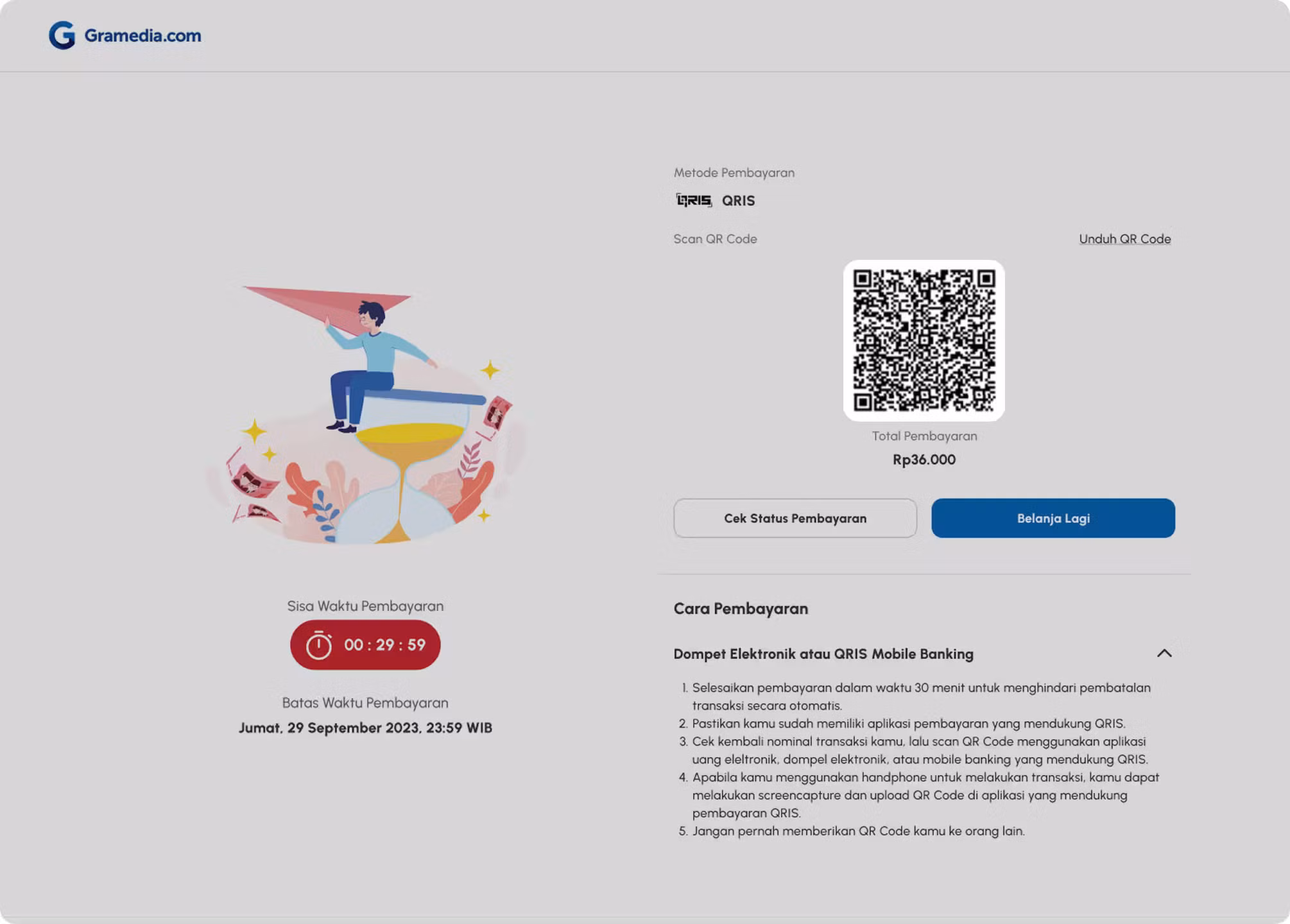 Bayar QRIS, selesaikan transaksi, dan kembali ke halaman utama.