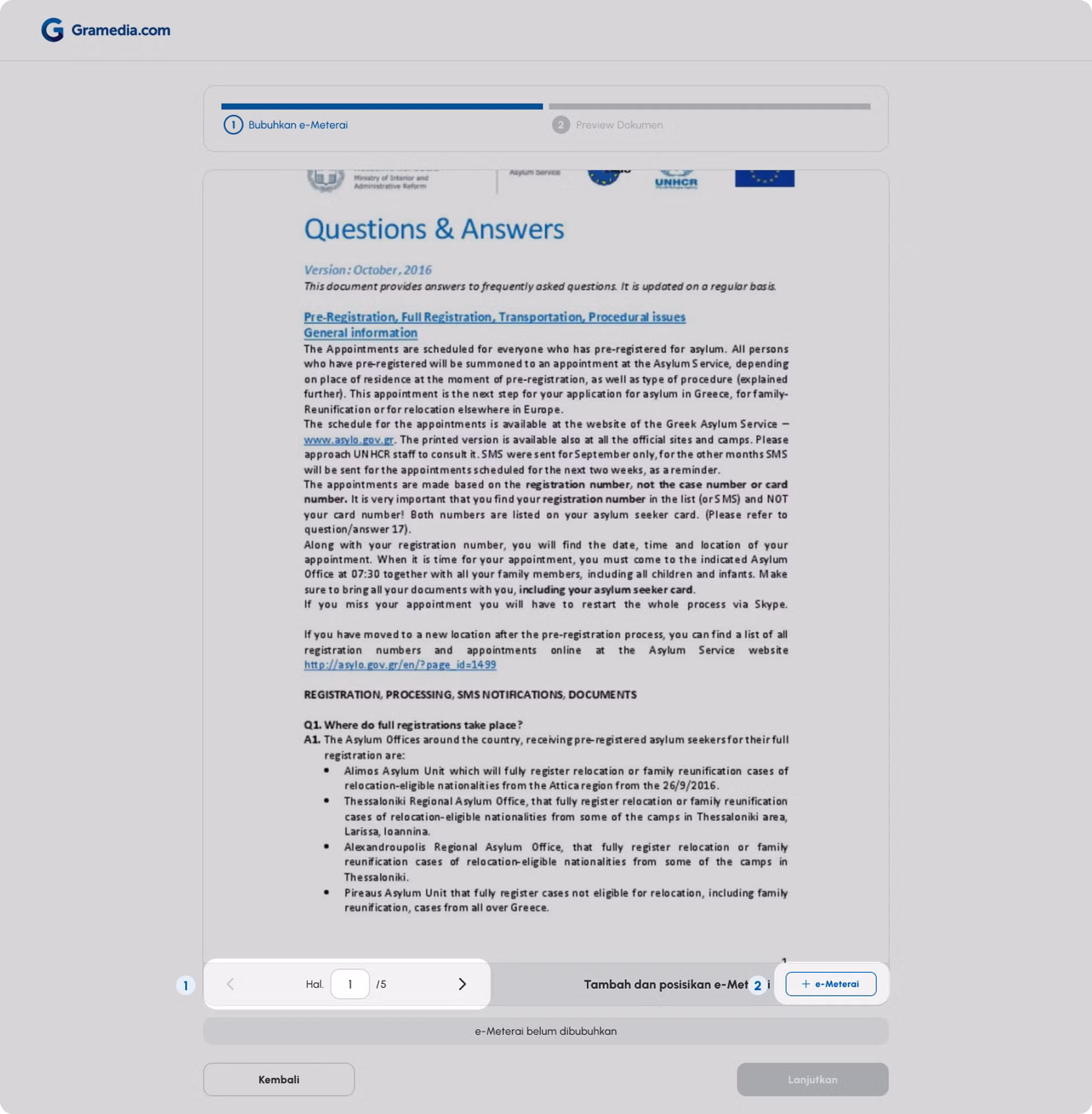 Tentukan halaman untuk dibubuhi, klik tombol “Tambahkan e-Meterai”.