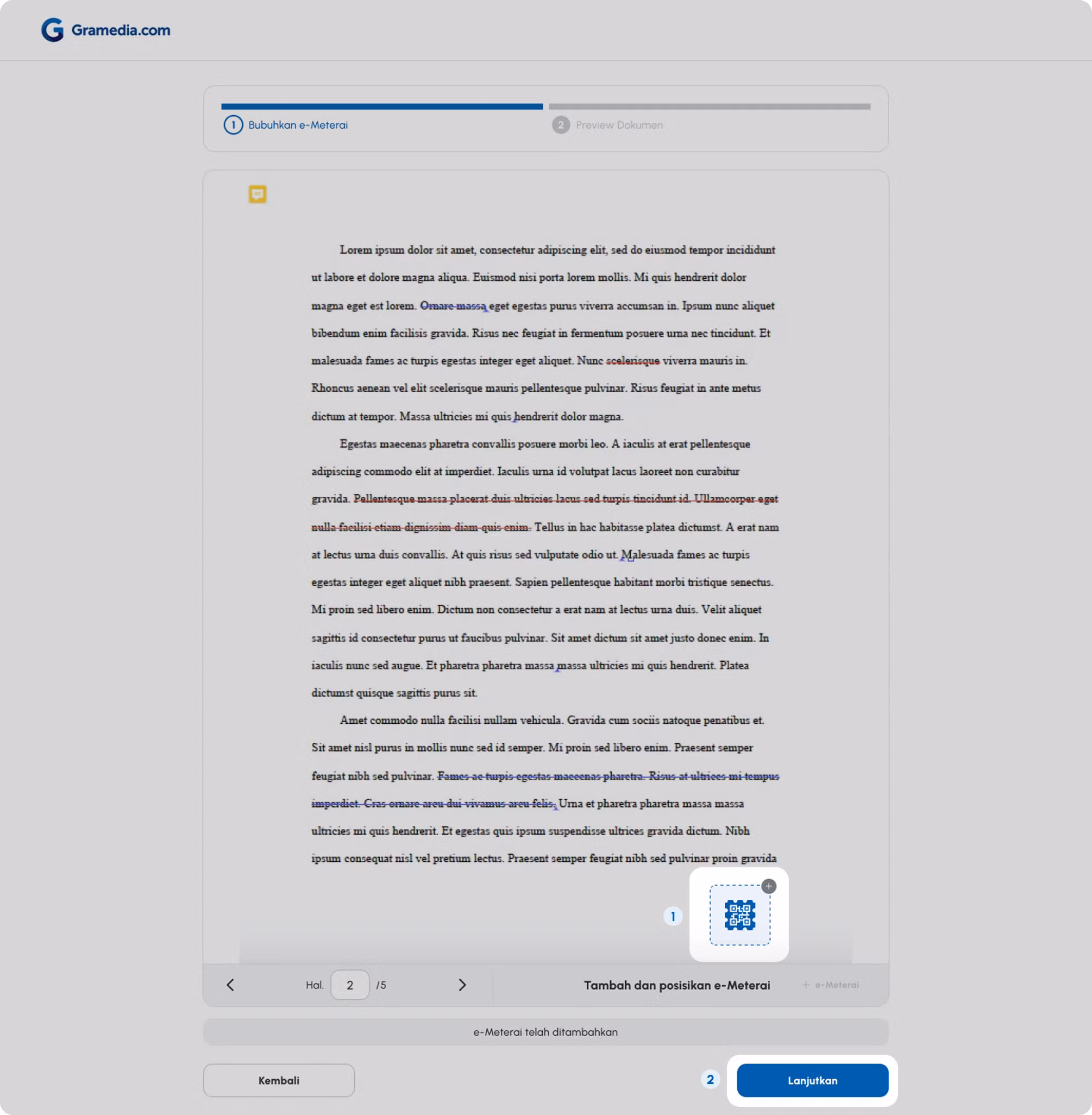Posisikan e-Meterai, lalu klik tombol “Lanjutkan”.